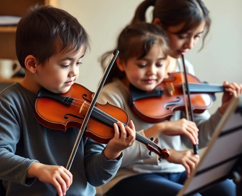 Niños tocando el violín en la escuela de Musica